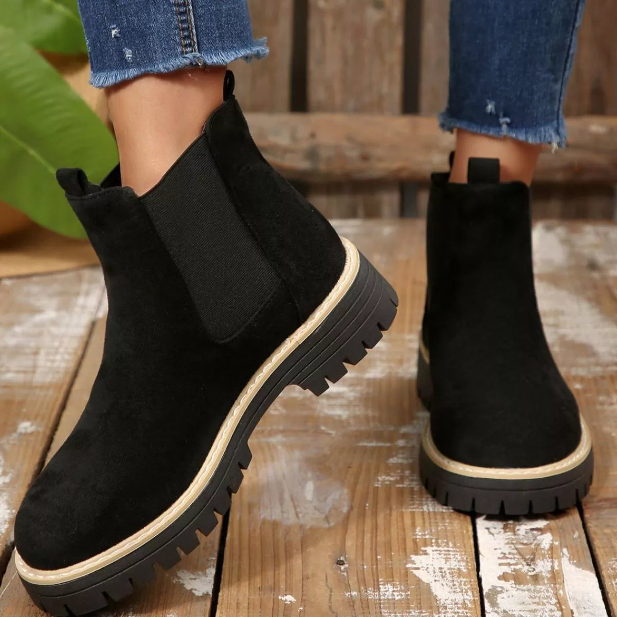 Round Toe Block Heel Boots styled with a dress