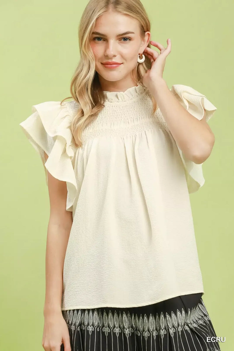 Umgee smocked ruffle sleeve top front view
