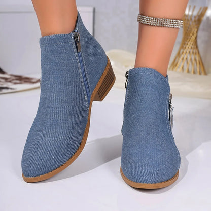 Point Toe Block Heels Boots Blue - Fashorio
