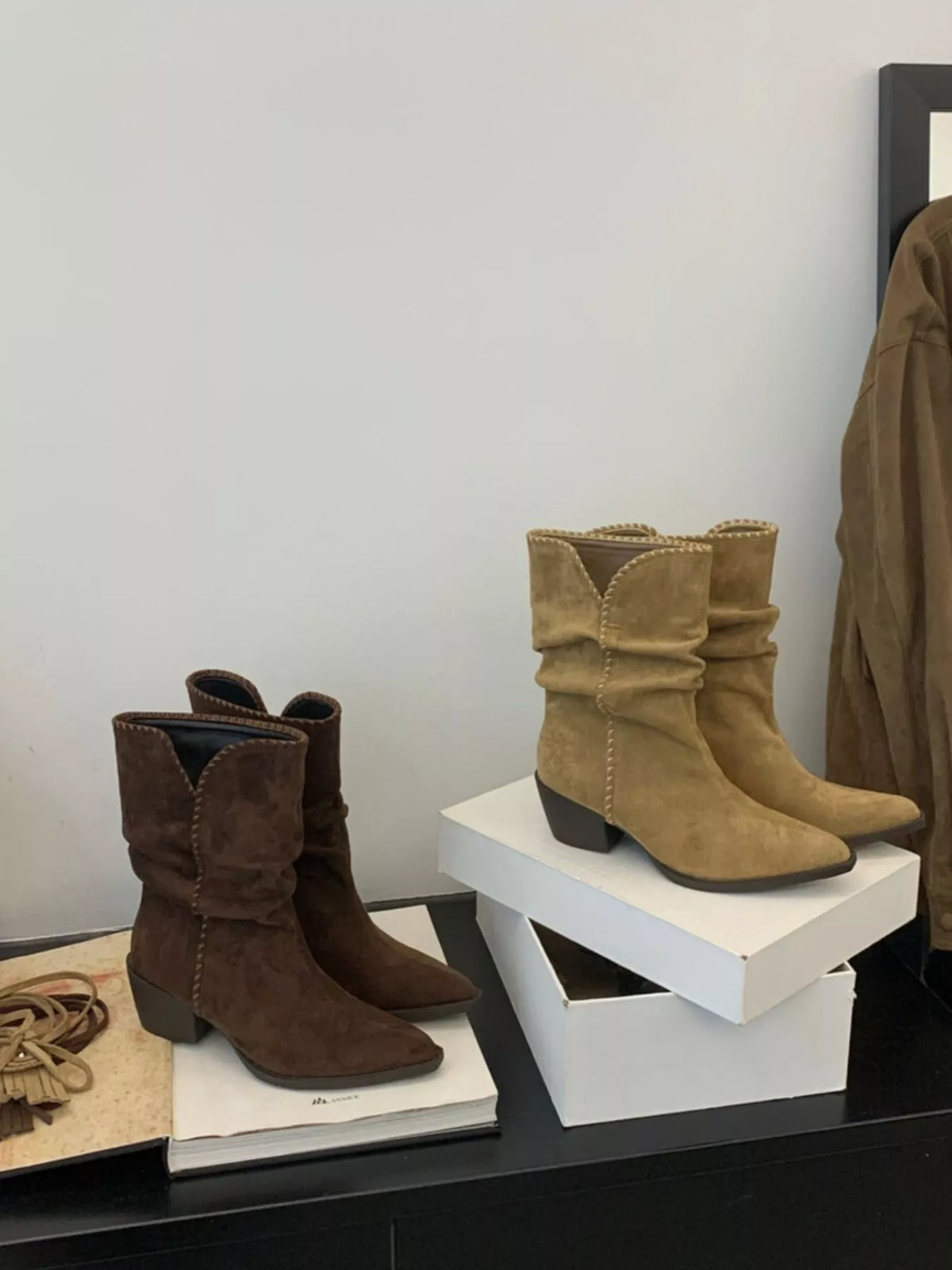 point toe block heel boots tan sole view