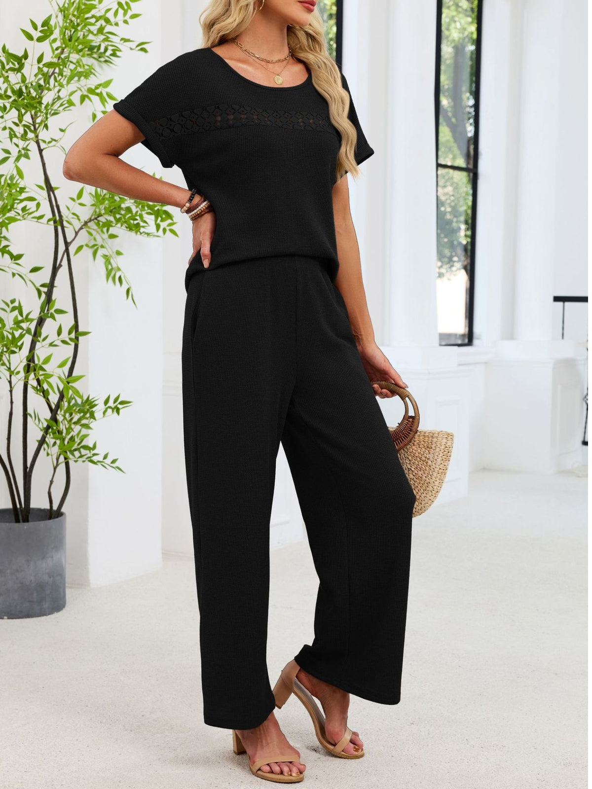 Lace Detail Short Sleeve Top and Pants Set, view 19