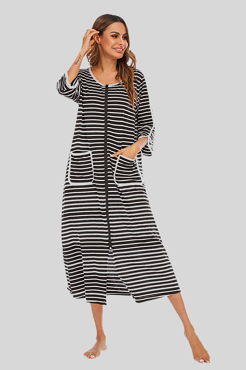 Round Neck Three-Quarter Sleeve Midi Night Dress Black - Fashorio