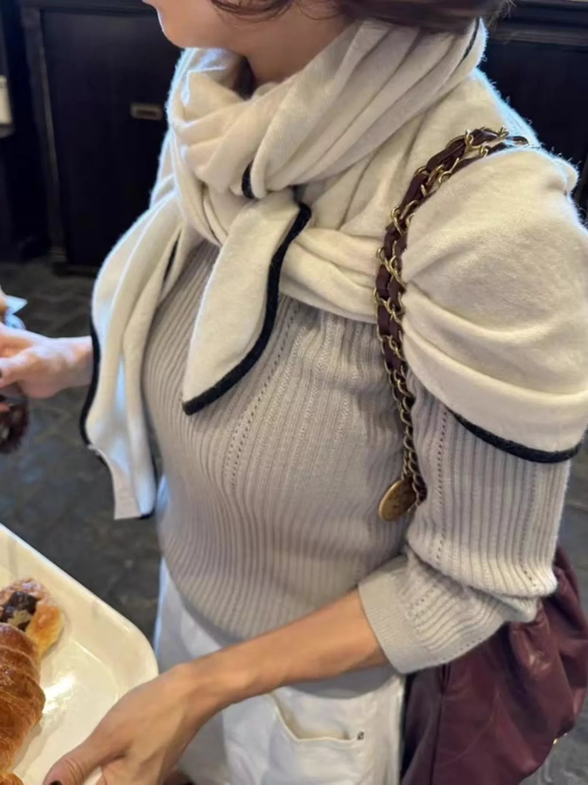 Off white wrap scarf shown at full length