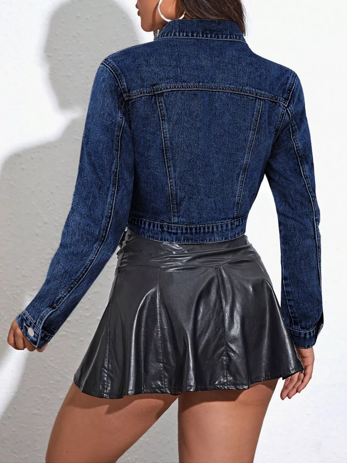 Cropped Button Up Denim Jacket in Dark Blue styled look
