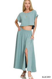 Zenana Heavy Woven Span Crop Tee & Skirt Set - Fashorio