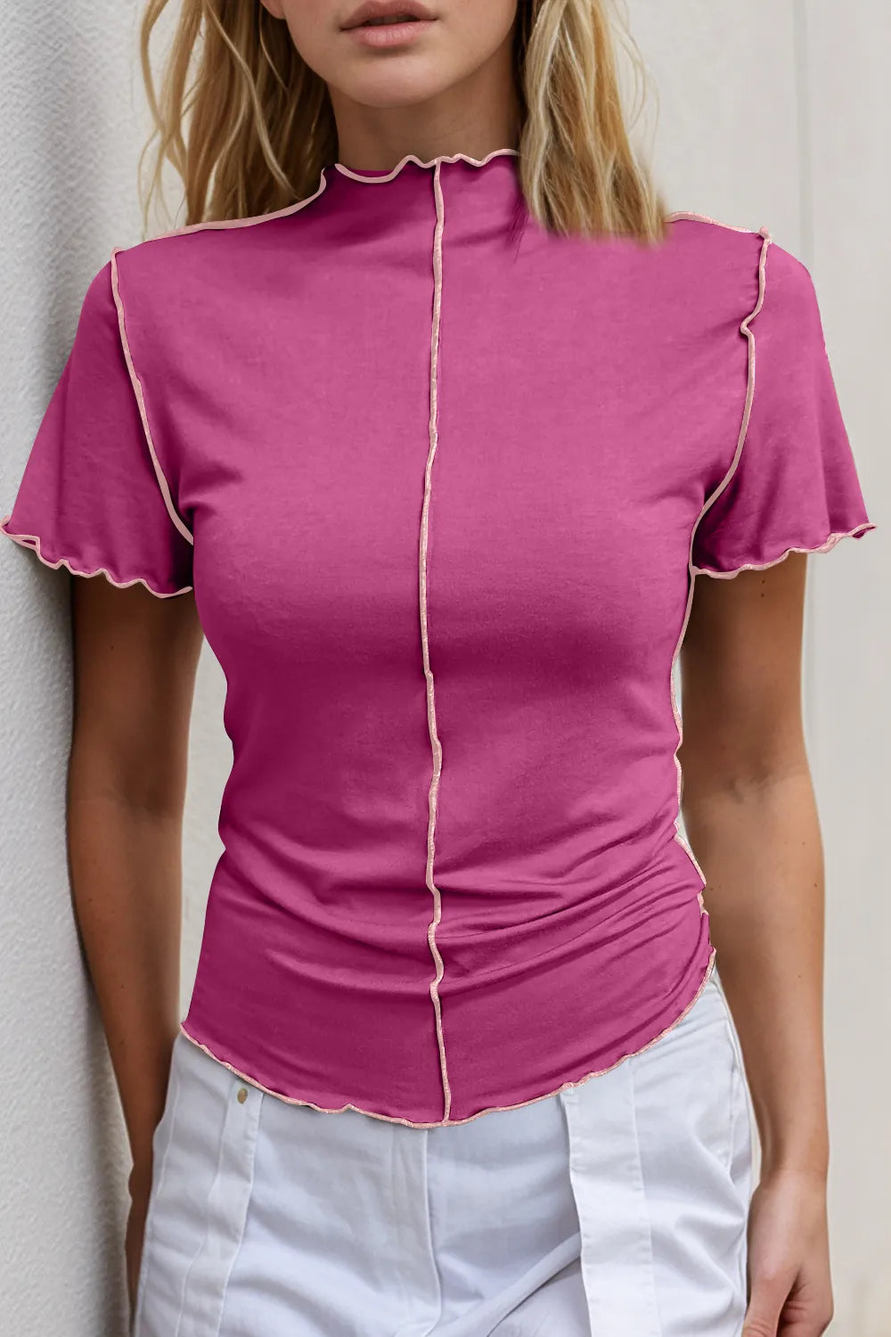 Contrast trim short sleeve top taupe colorway