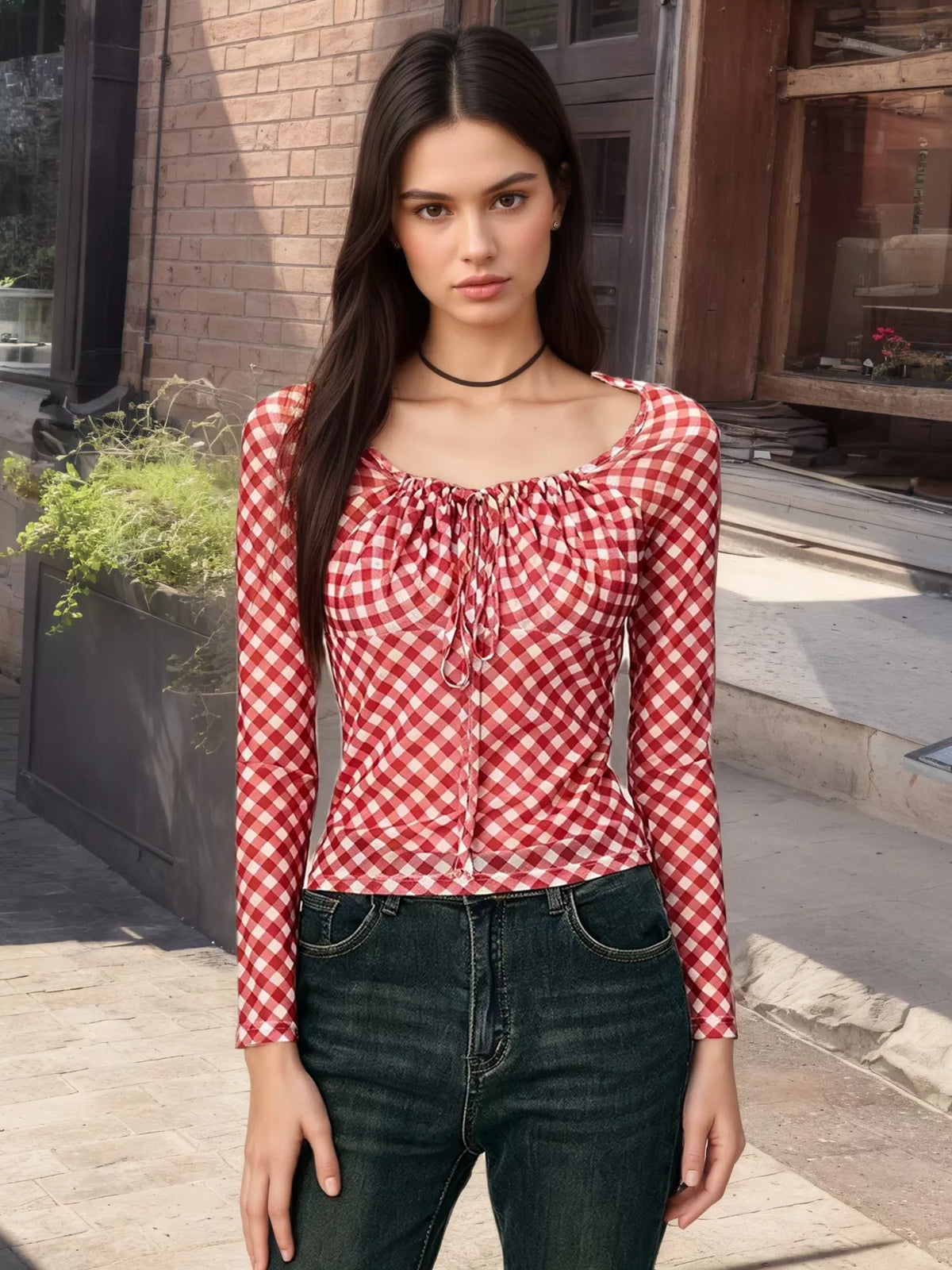 Red gingham tie front long sleeve blouse back view
