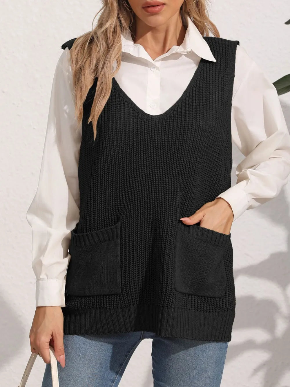 Pocketed V Neck Sweater Vest in Camel view 7