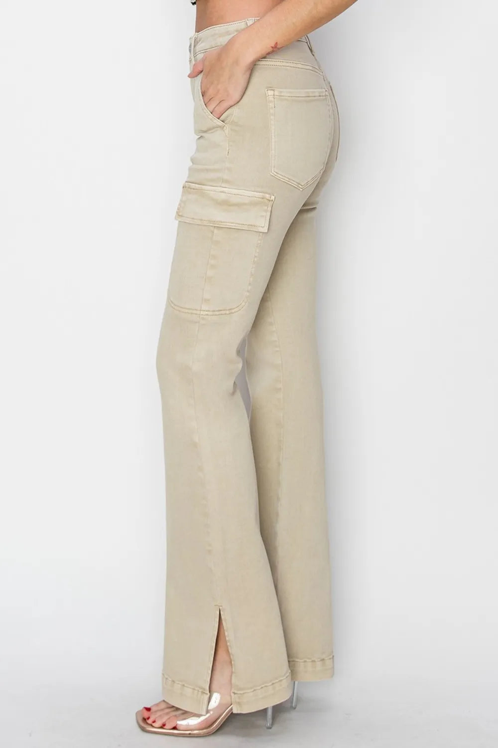 RISEN Full Size High Rise Side Slit Cargo Bootcut Jeans - Fashorio