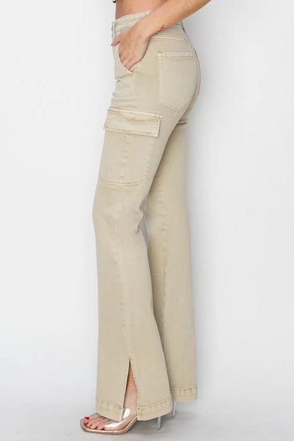 RISEN Full Size High Rise Side Slit Cargo Bootcut Jeans - Fashorio
