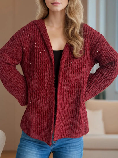 Sequin Detail Long Sleeve Hooded Cardigan - Fashorio