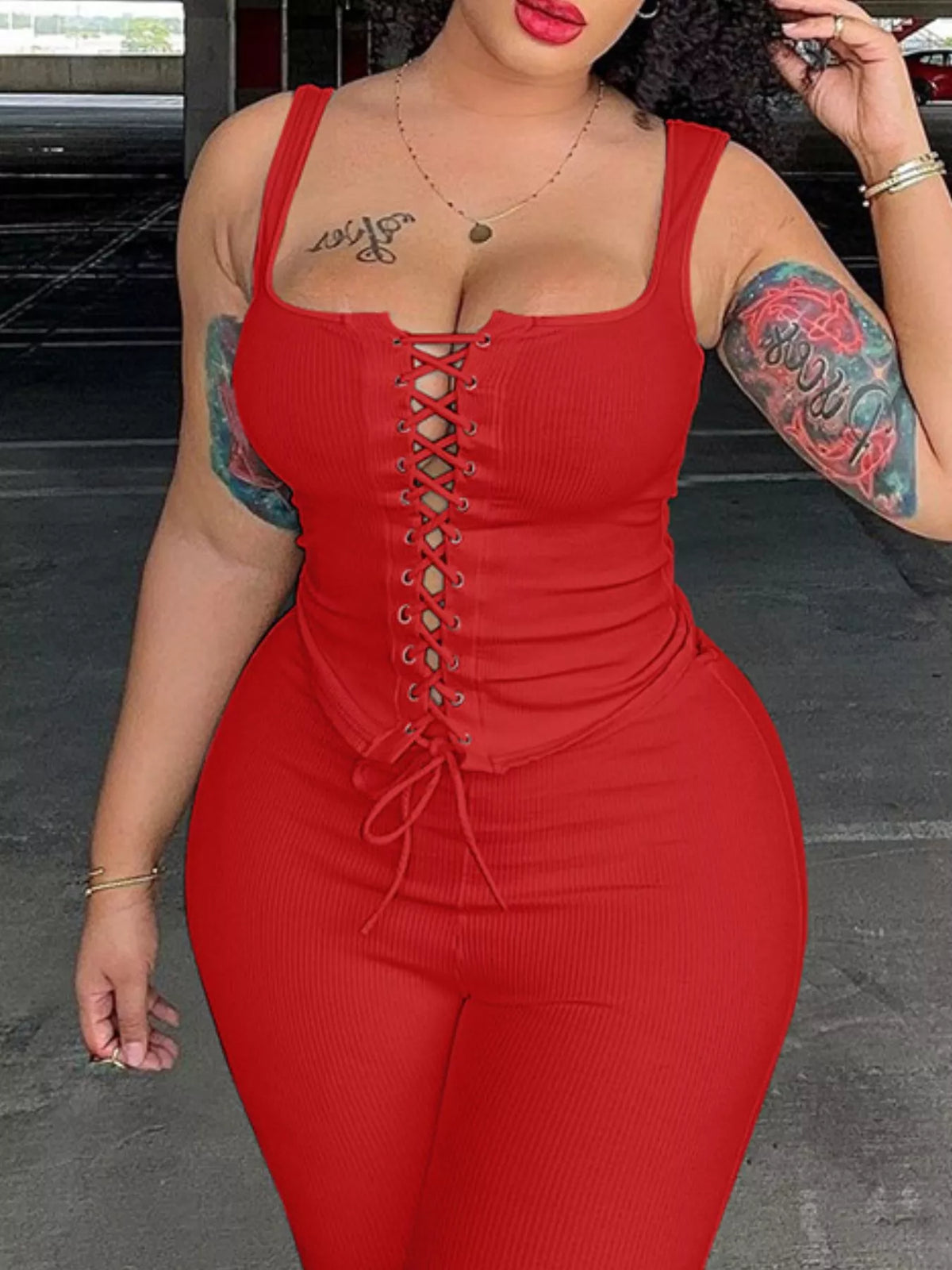 Lace Up Tank and Capri Set in Taupe and Scarlet, view 6