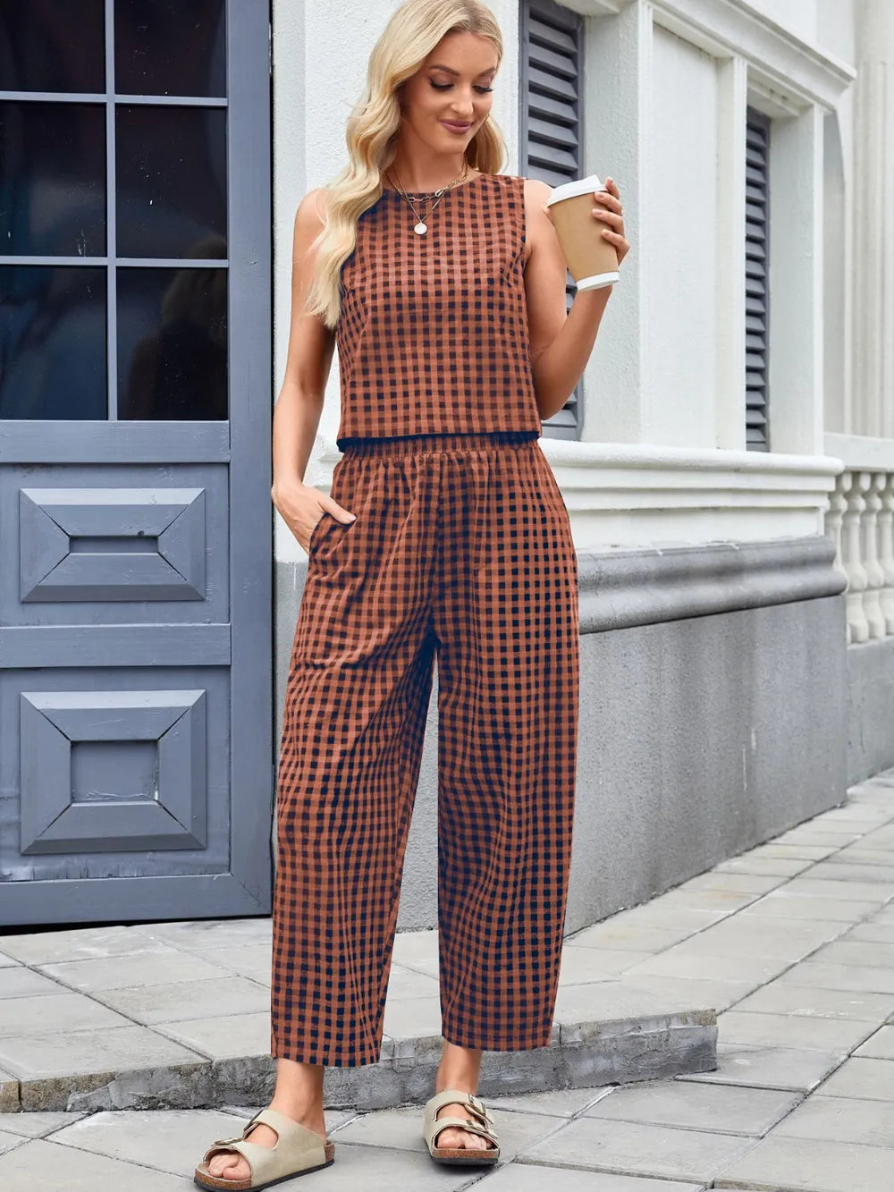 Plaid Sleeveless Top and Pants Set on model