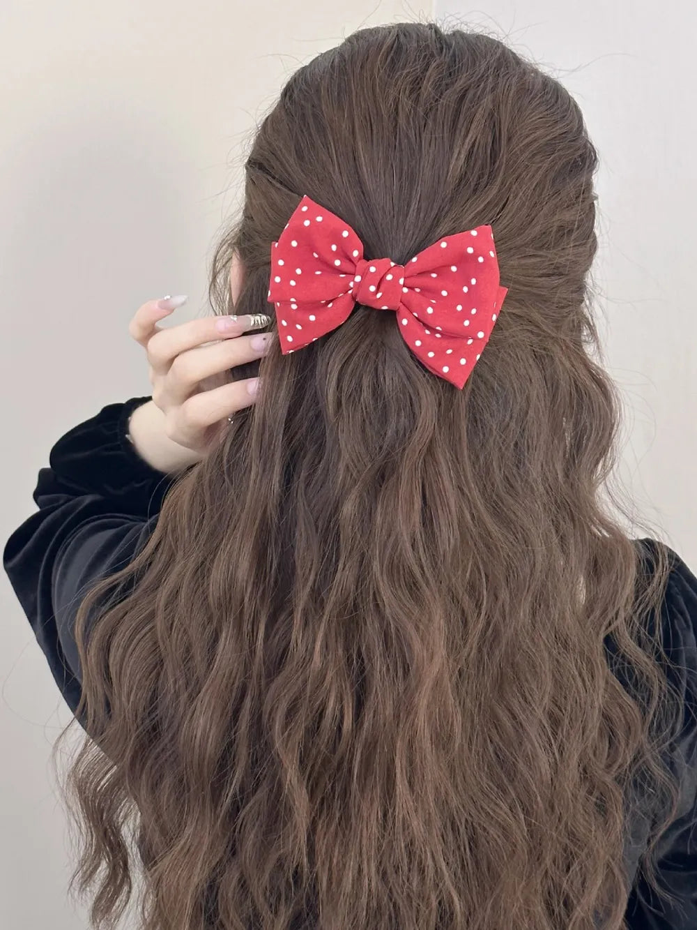 Deep red polka dot bow hair clip clasp back