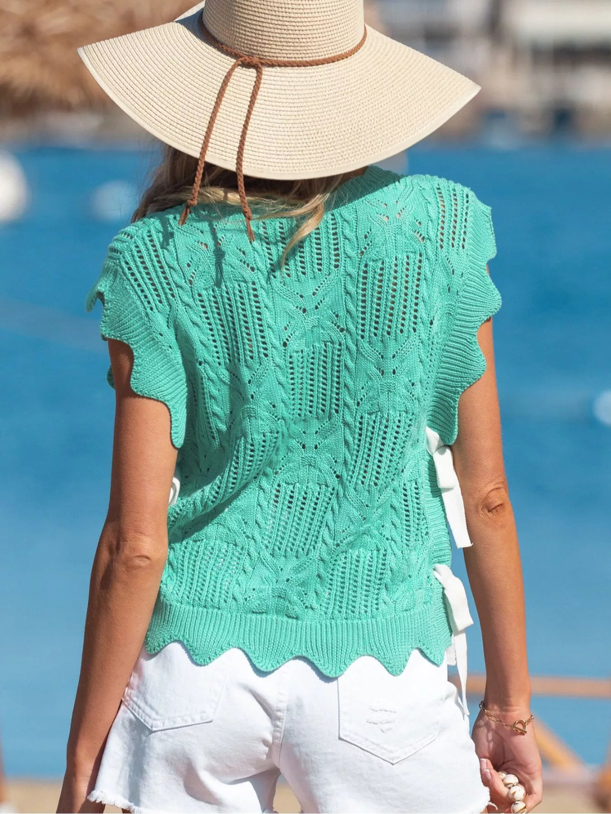 Scalloped trim edge on short sleeve sweater