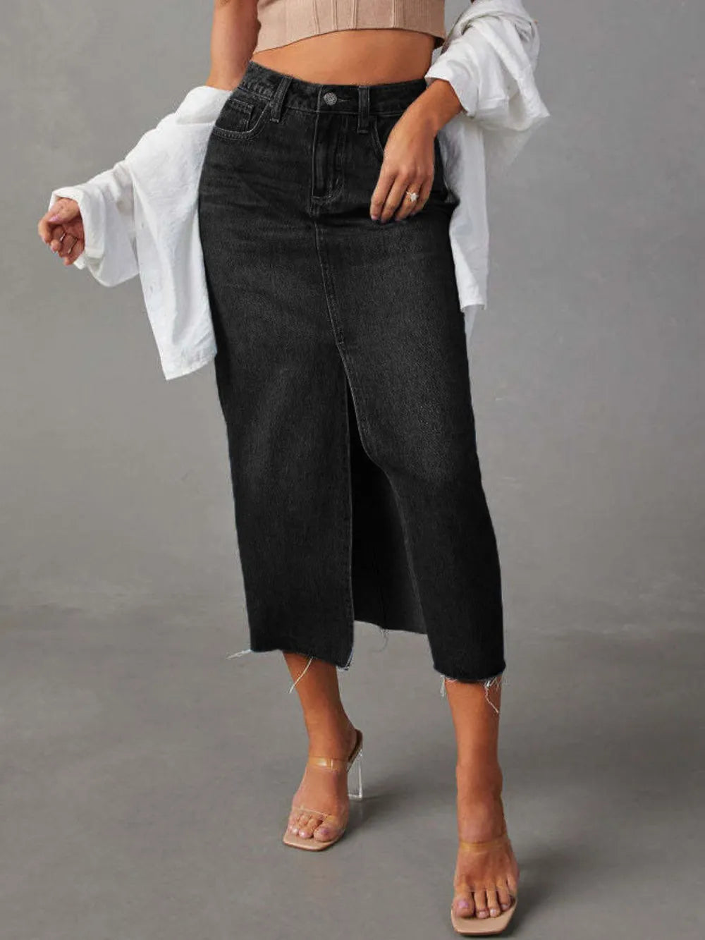 Raw hem midi skirt fabric texture