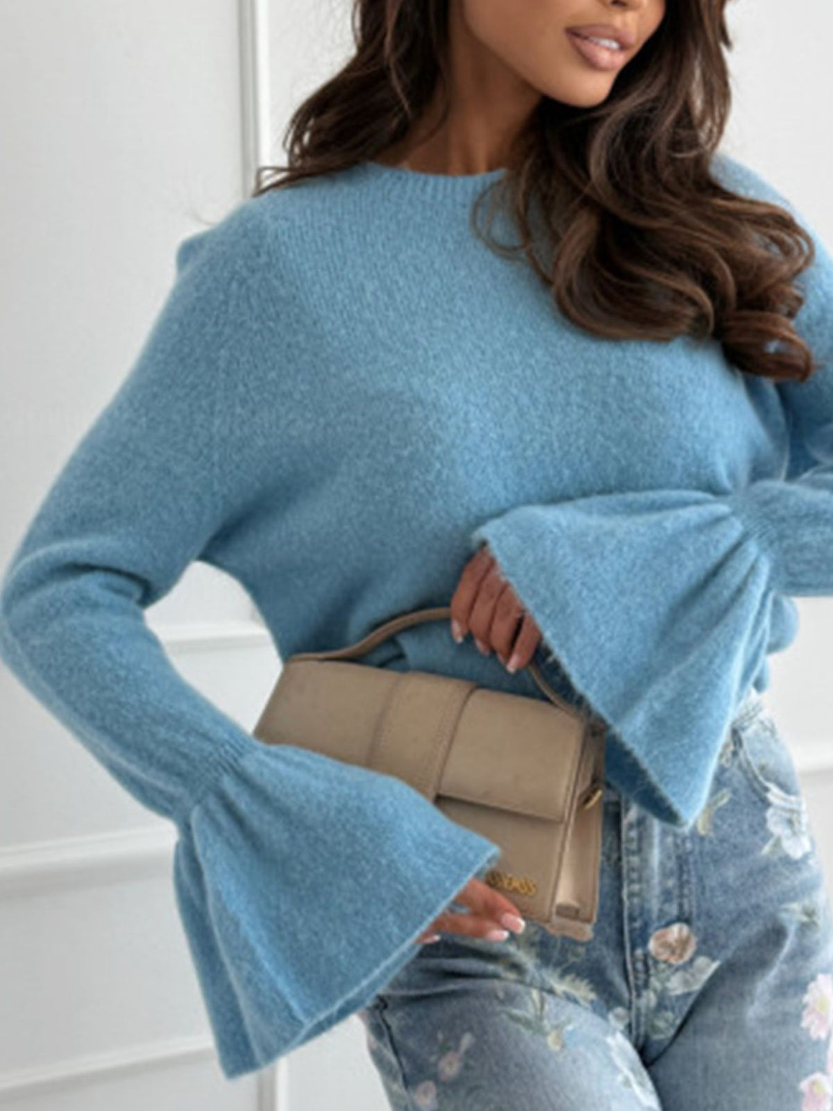 Flounce sleeve sweater styled outfit