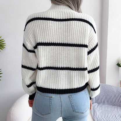 Striped Mock Neck Dropped Shoulder Sweater - Fashorio