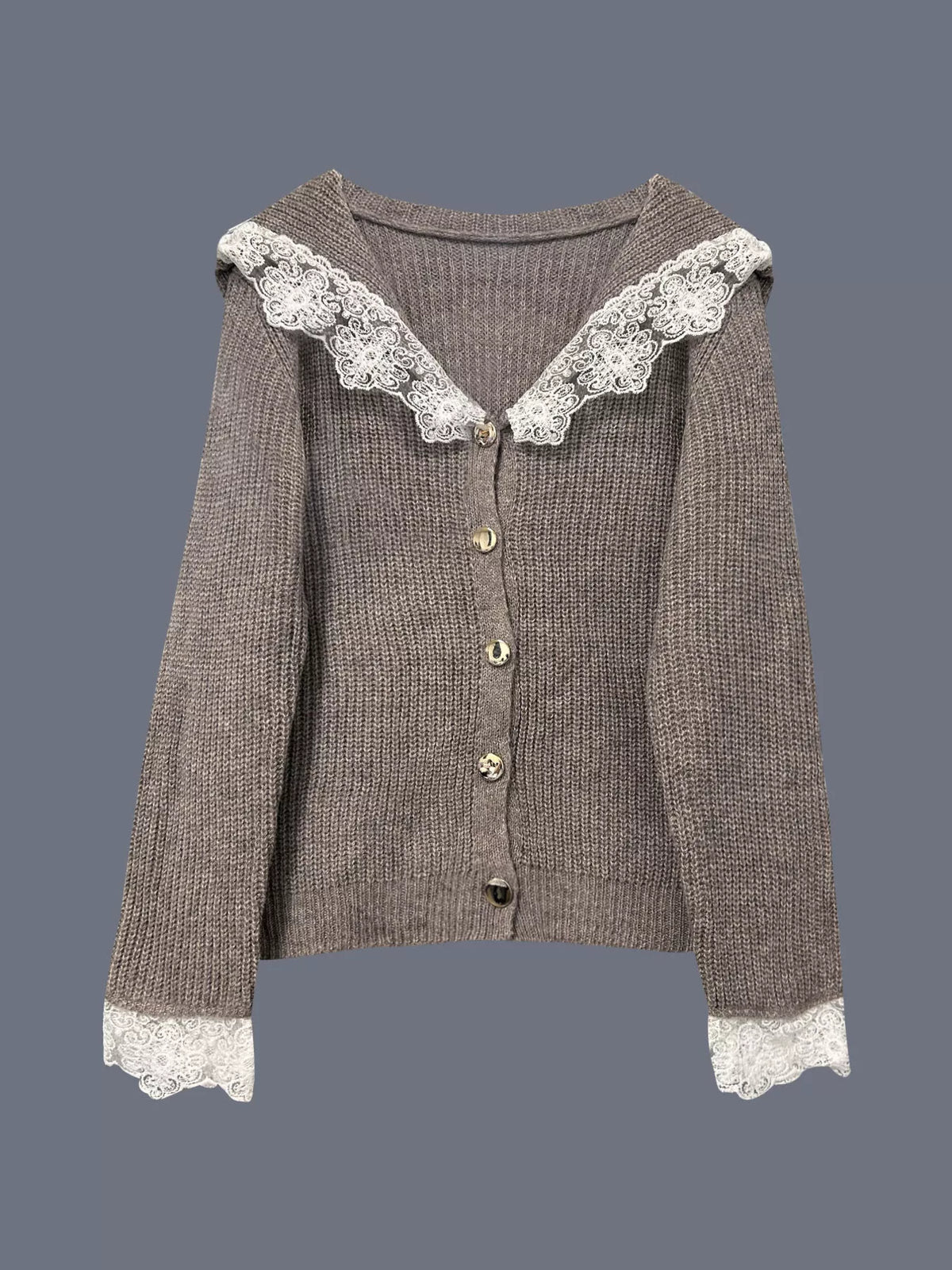 Khaki Lace trim button front cardigan, hem detail