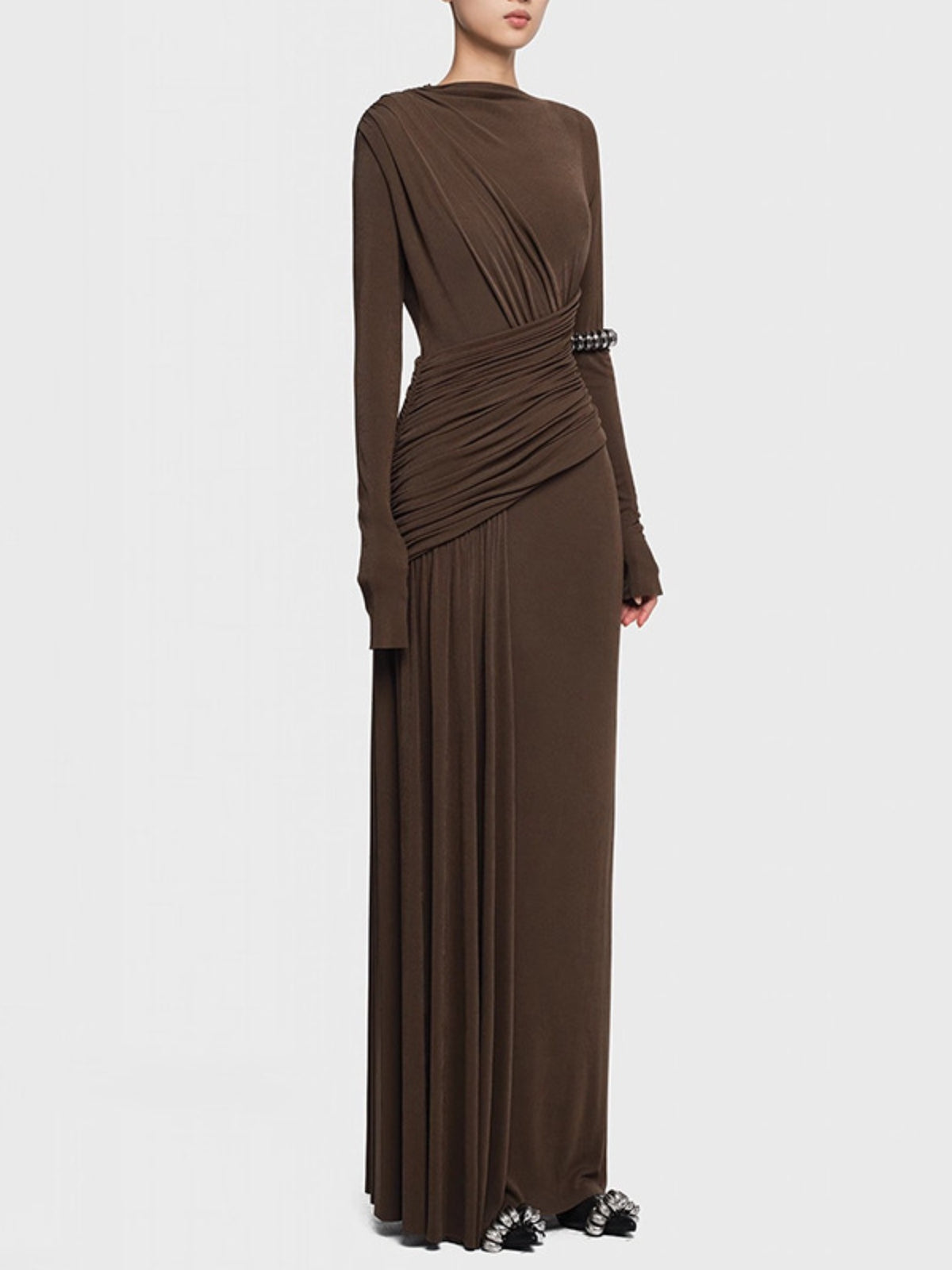Ruched long sleeve maxi dress, back view