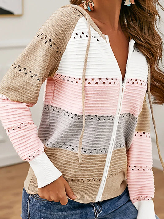 Color Block Drawstring Hooded Sweater Blush Pink - Fashorio