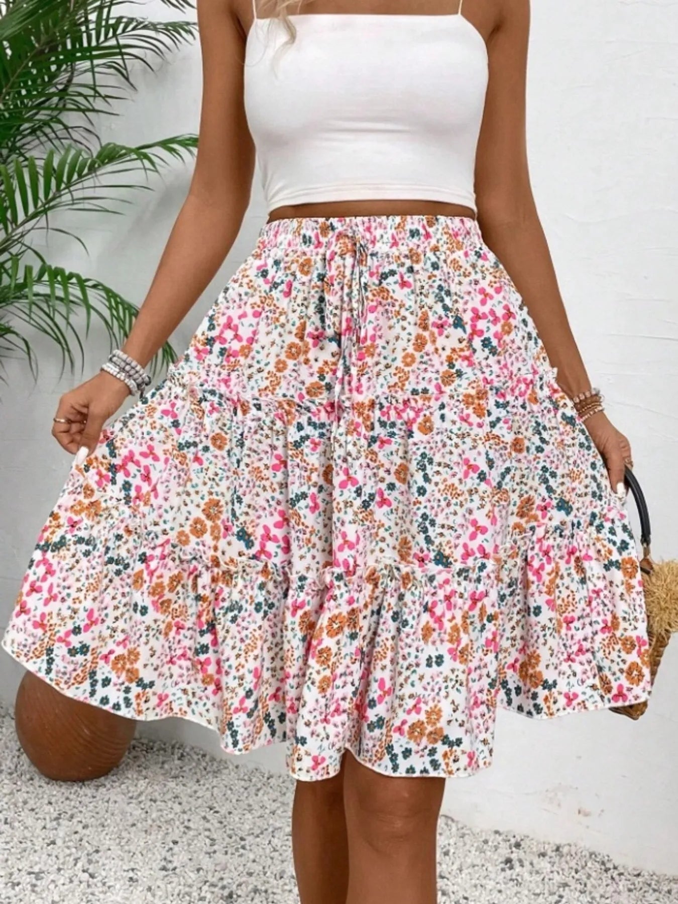 Floral Print Midi Skirt Pink - Fashorio