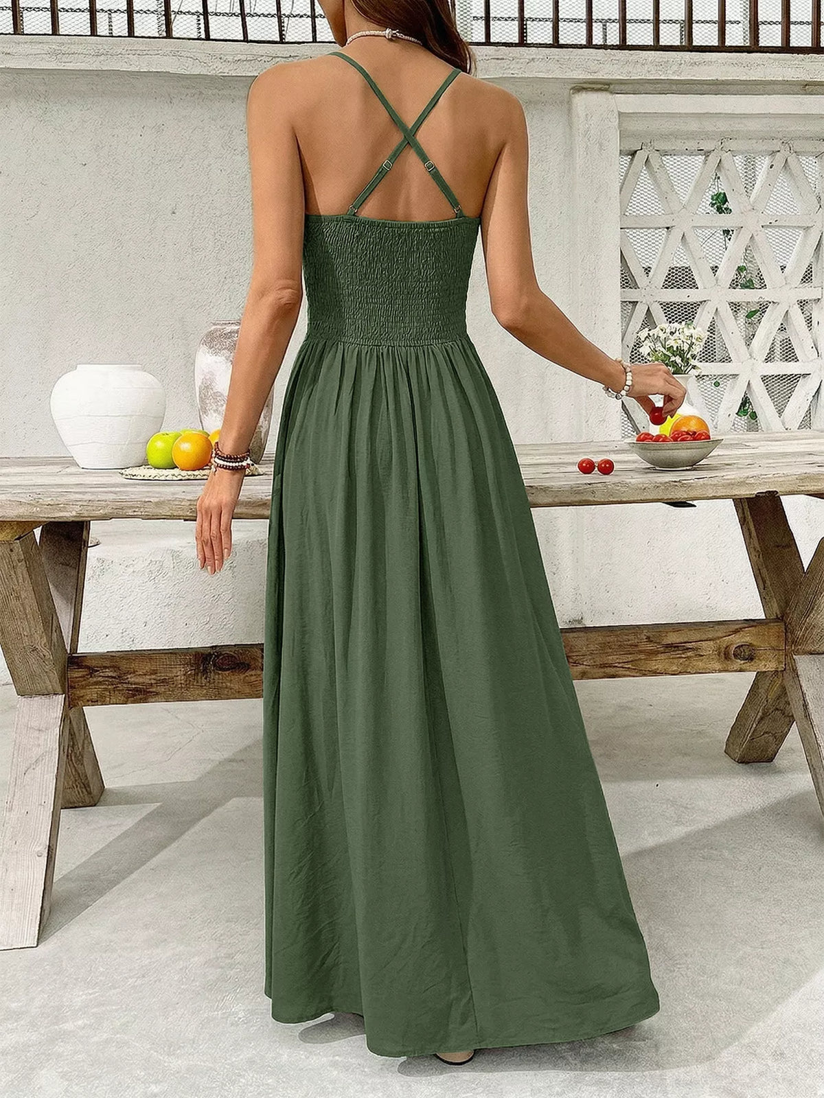 Lace trim spaghetti strap maxi dress full length view