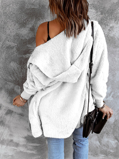 Open Front Hooded Faux Fur Outwear with Pockets - Fashorio