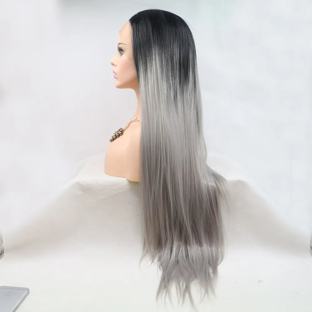 Side view of long straight wig