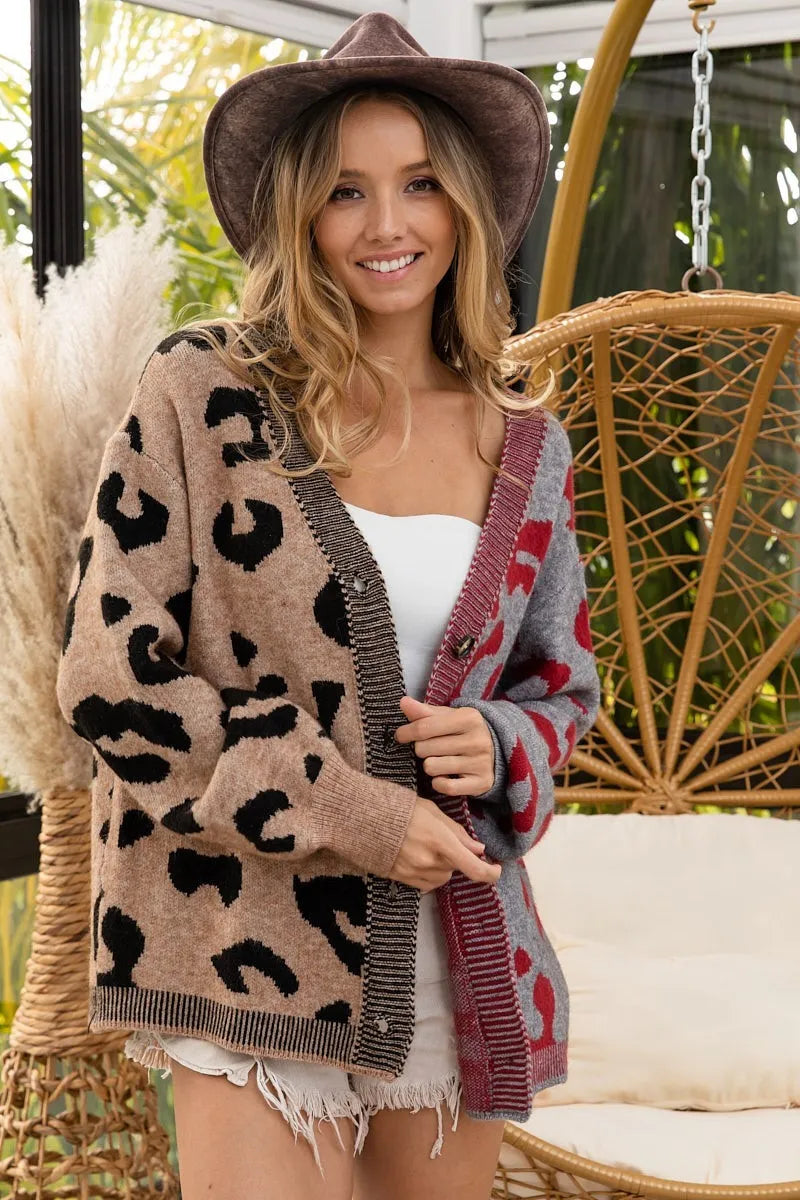 BiBi Leopard Color Block Button Down Sweater Cardigan - Fashorio