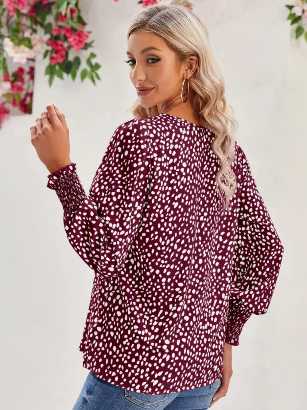 Printed V-Neck Lantern Sleeve Blouse - Fashorio