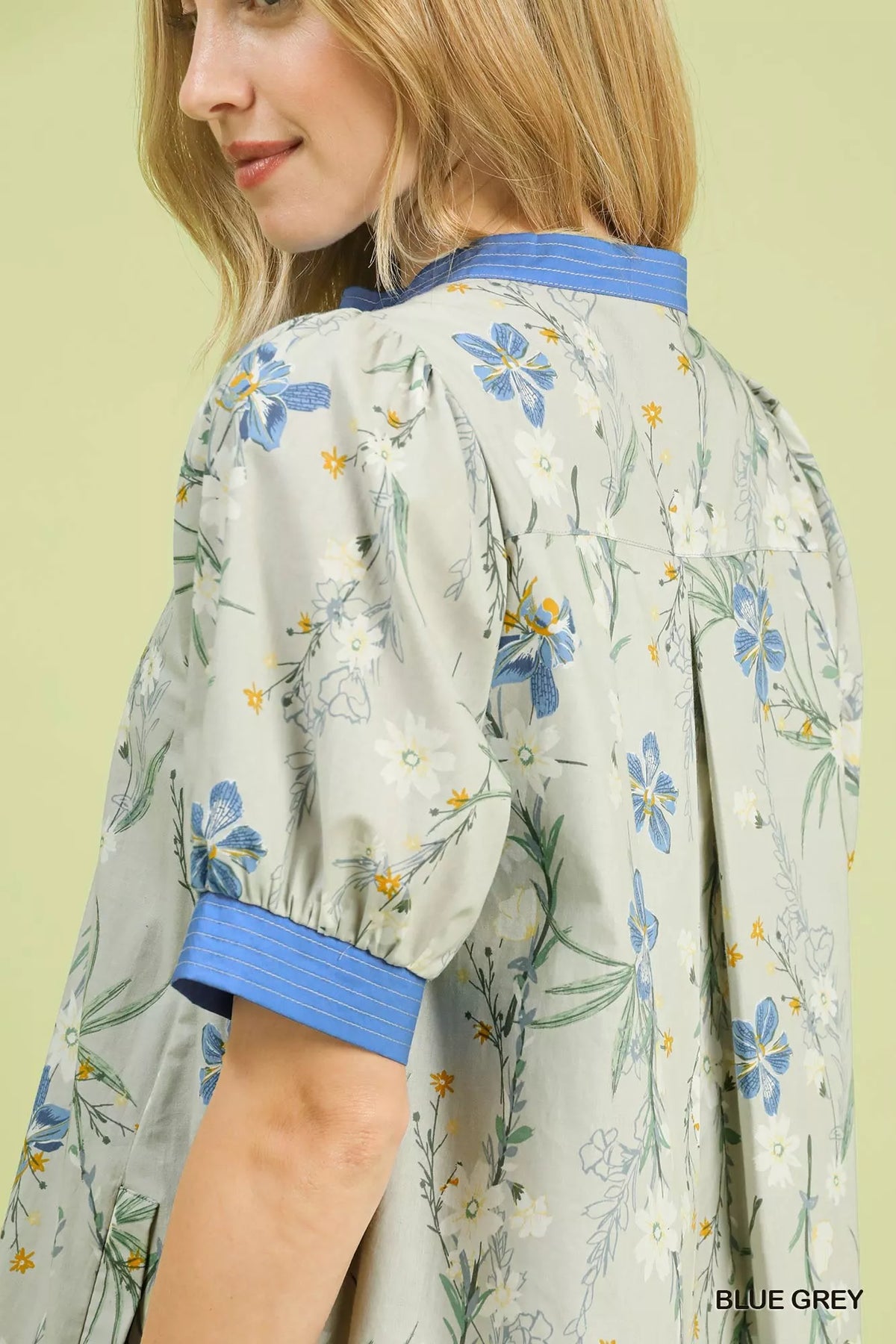Umgee blue grey floral puff sleeve dress styled view