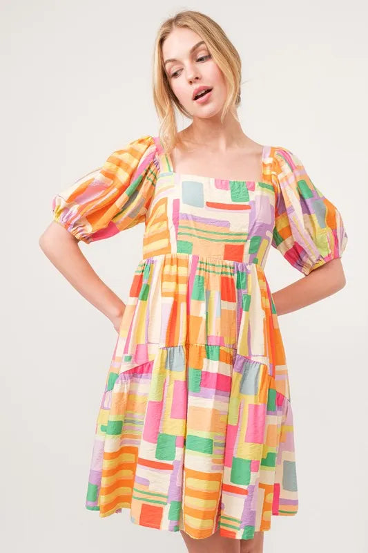 Square Neck Puff Sleeve Geo Printed Mini Dress back view