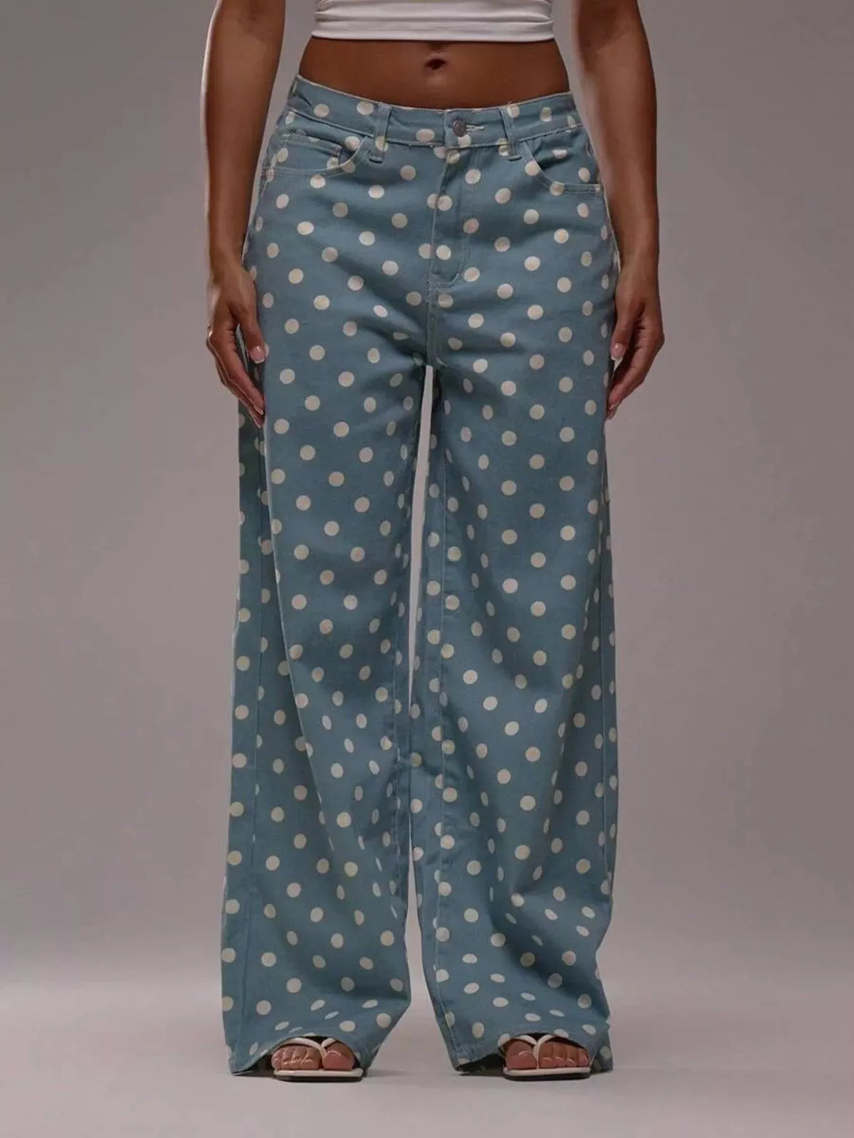 Polka dot pastel denim side view