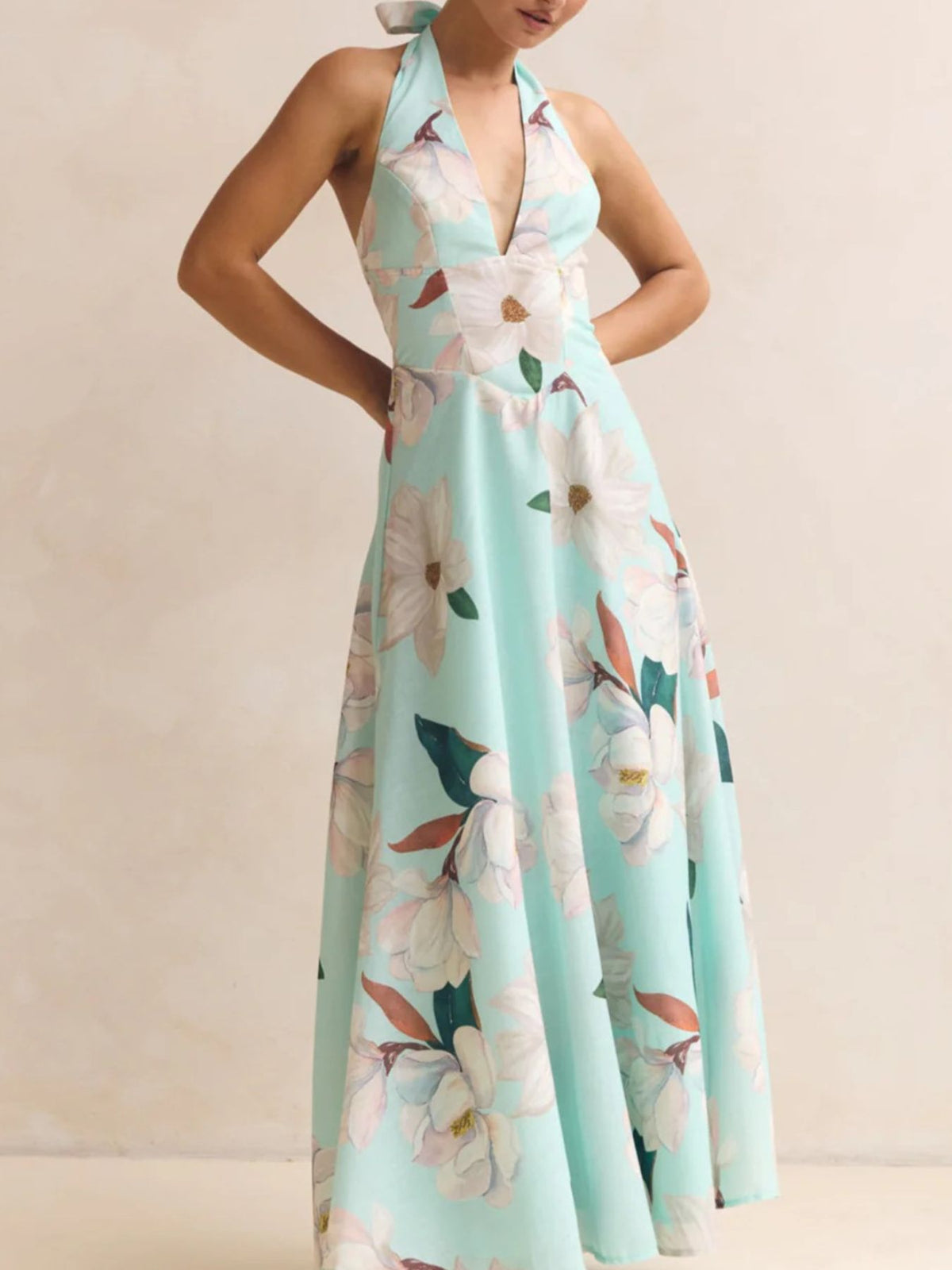 Floral halter neck maxi dress detail view