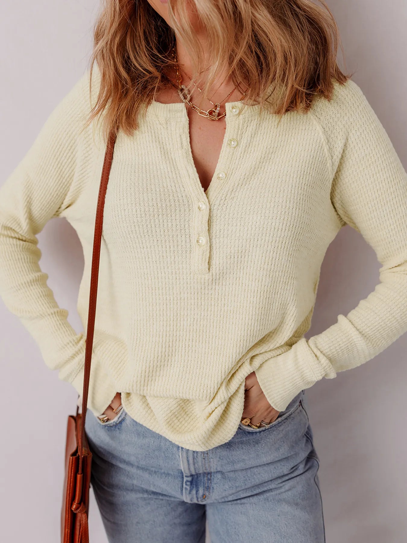 Textured Knit Half Buttons Henley Top - Fashorio