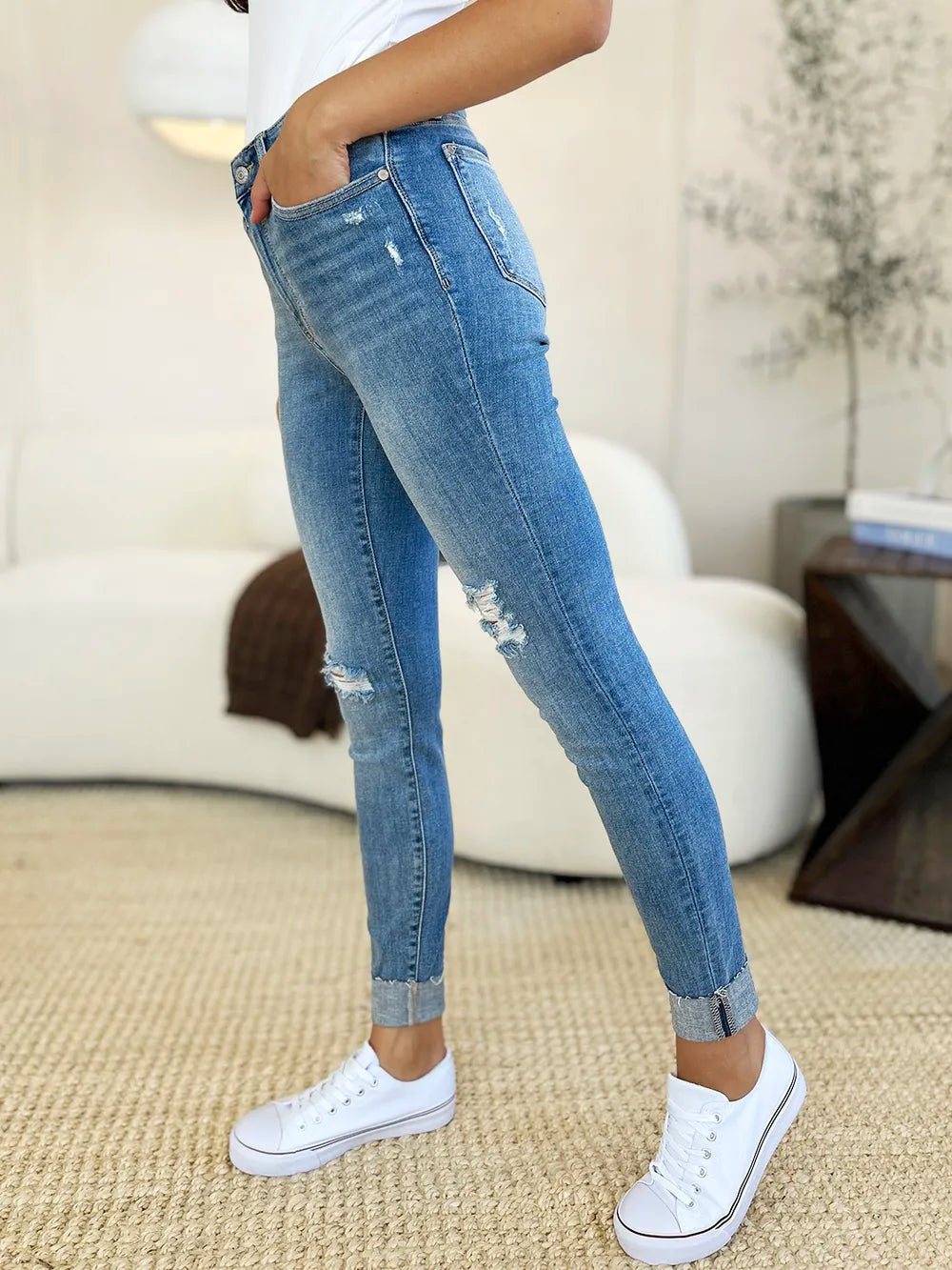 Judy Blue Mid Rise Distressed and Cuff Skinny Jeans view 8