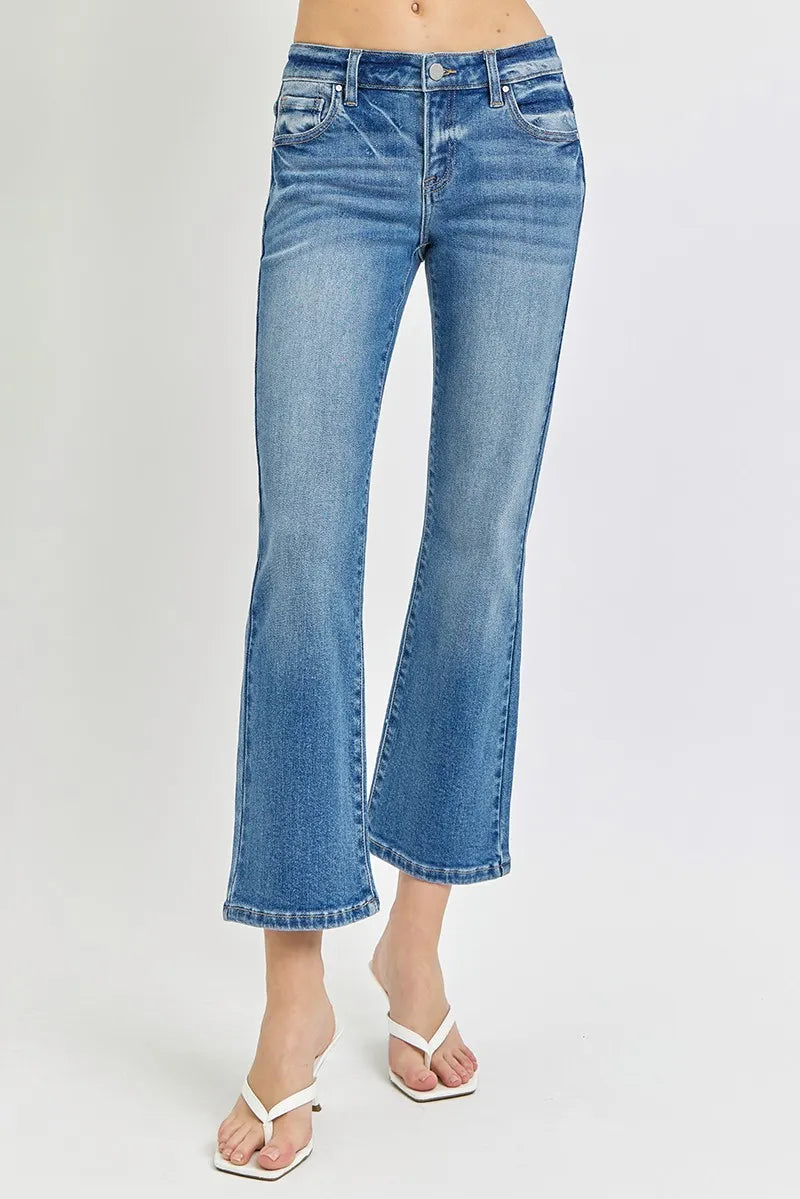 RISEN medium wash cropped flare jeans front view