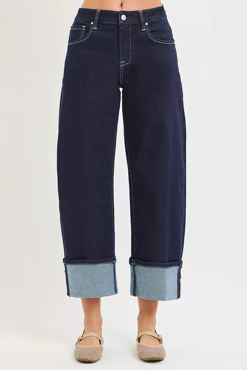 RISEN slouchy cropped barrel cuffed hem jeans front view in dark blue