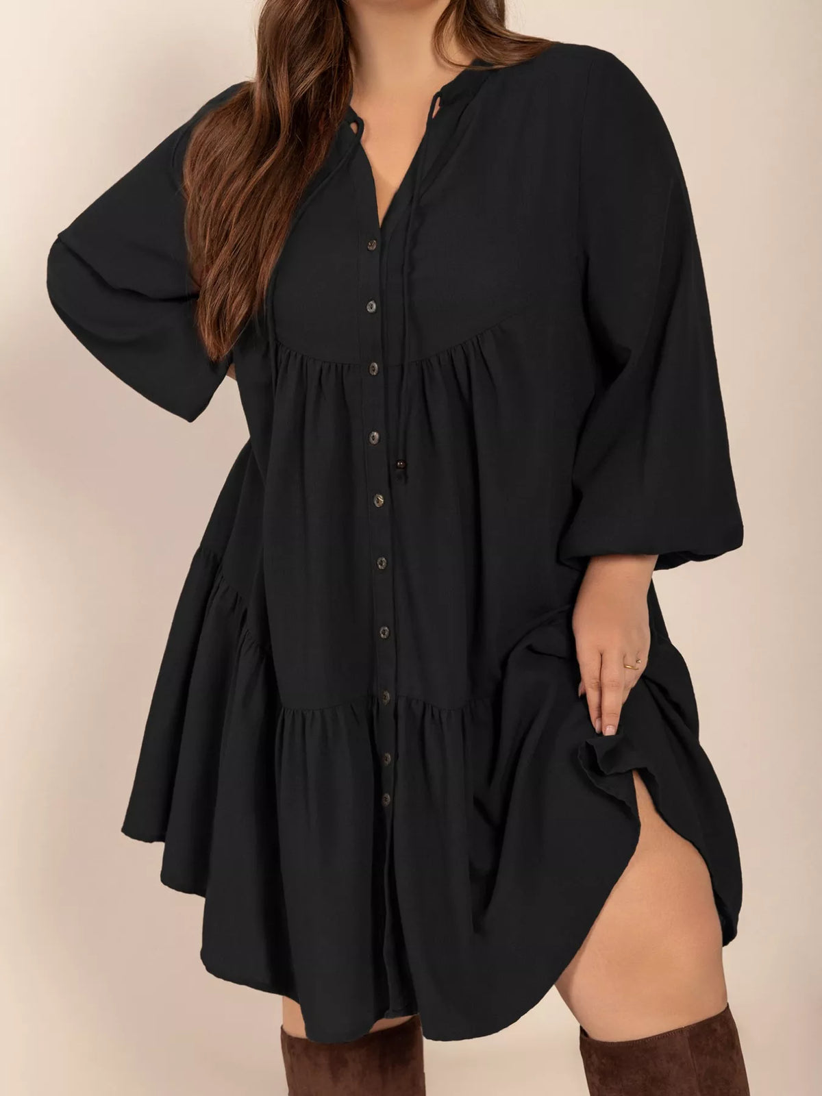 Plus size black button front balloon sleeve dress front view