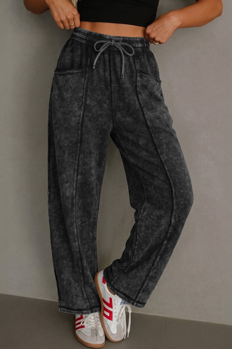 Black mineral wash elastic waist barrel pants front view
