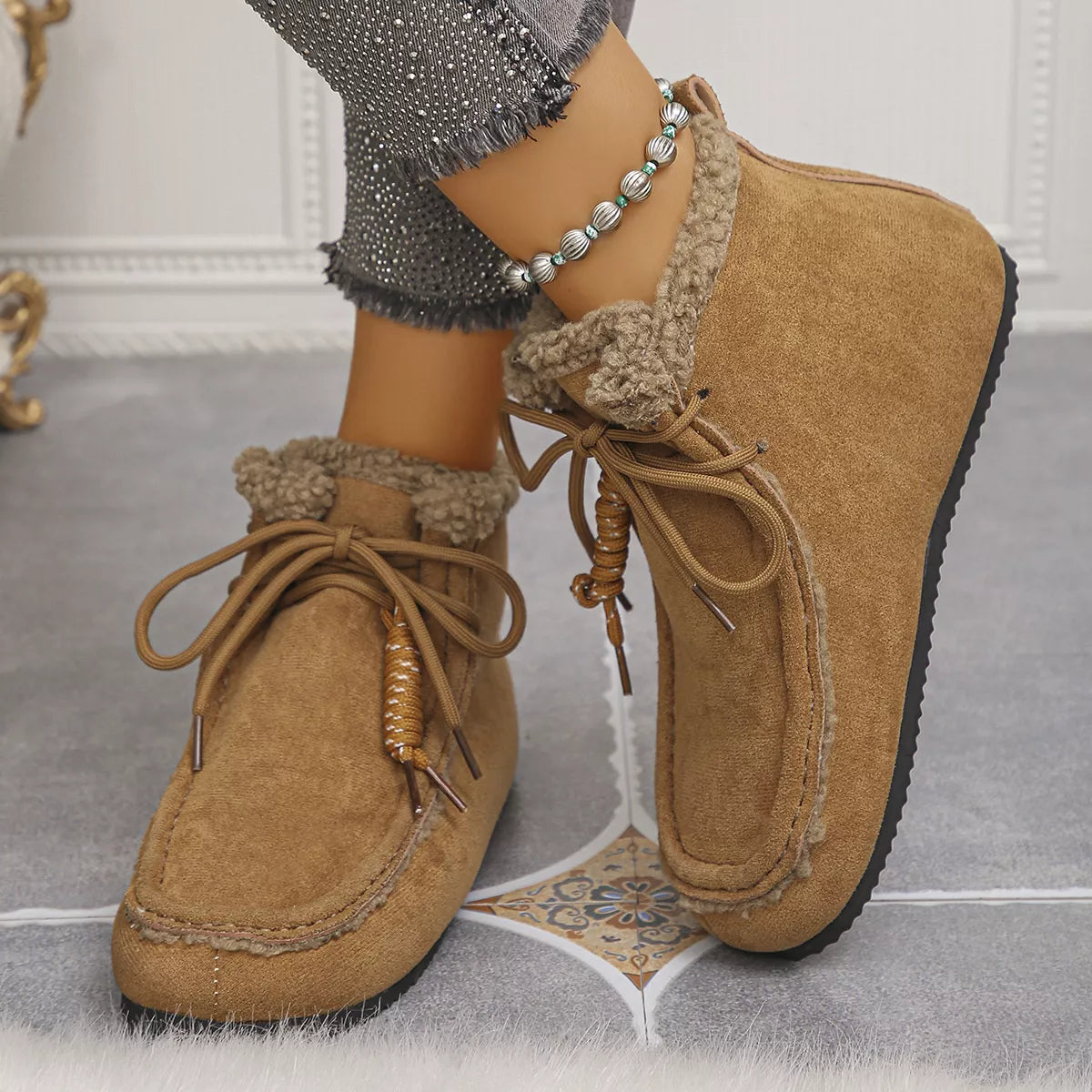 Plush lined ankle boots in Khaki, angled three quarter view