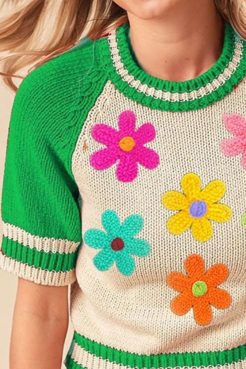 Crochet Floral Patch Striped Sweater in Jade back view