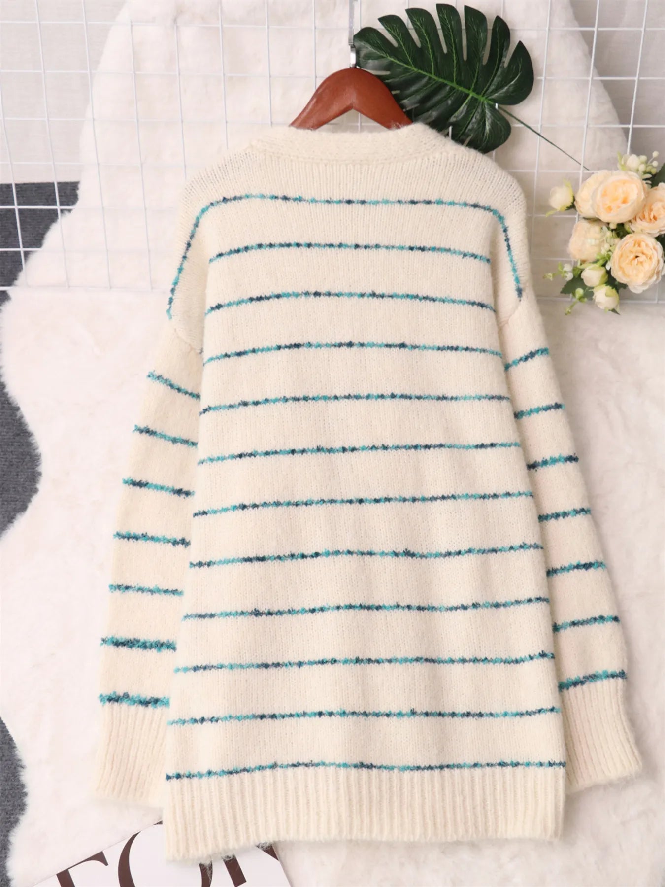 Striped Button-Up Cardigan with V-Neck Design - Fashorio