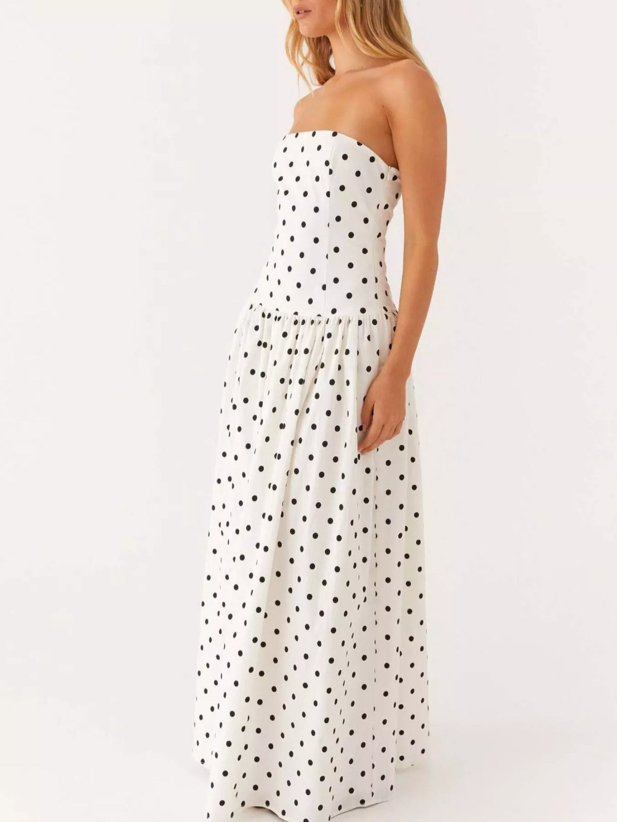 Ruched printed strapless tube maxi dress front view