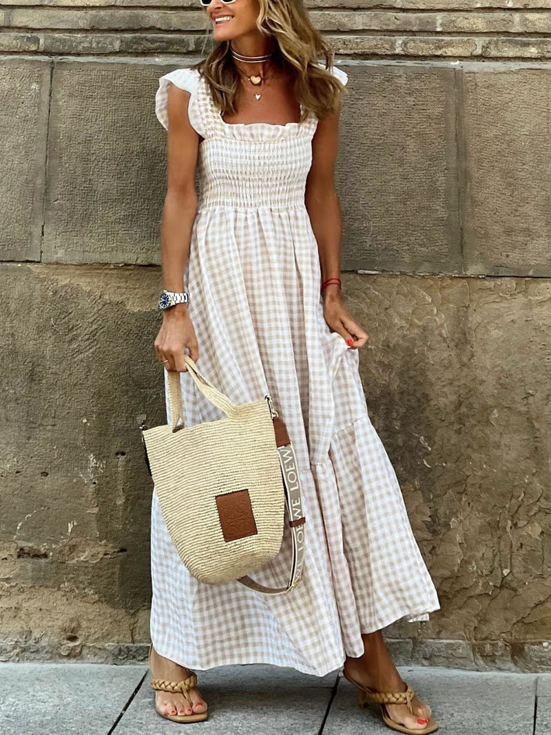 Plaid ruffle sleeve maxi dress front view