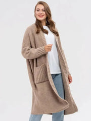 Pocketed Open Front Long Sleeve Longline Cardigan Khaki One Size - Fashorio