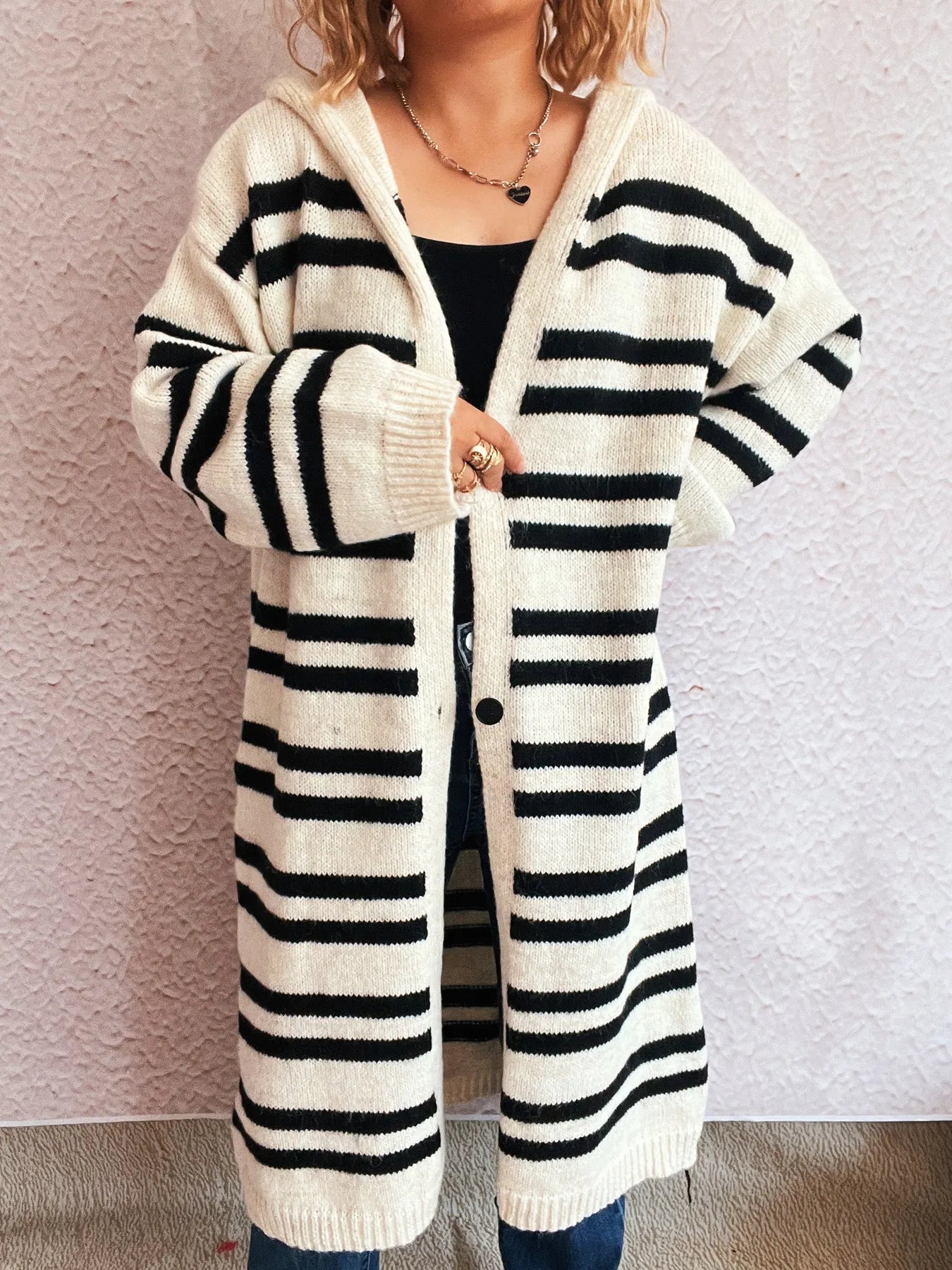 Striped Open Front Hooded Cardigan - Fashorio