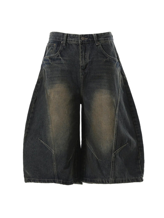 Men's Washed Wide Leg Denim Shorts Dark Blue - Fashorio