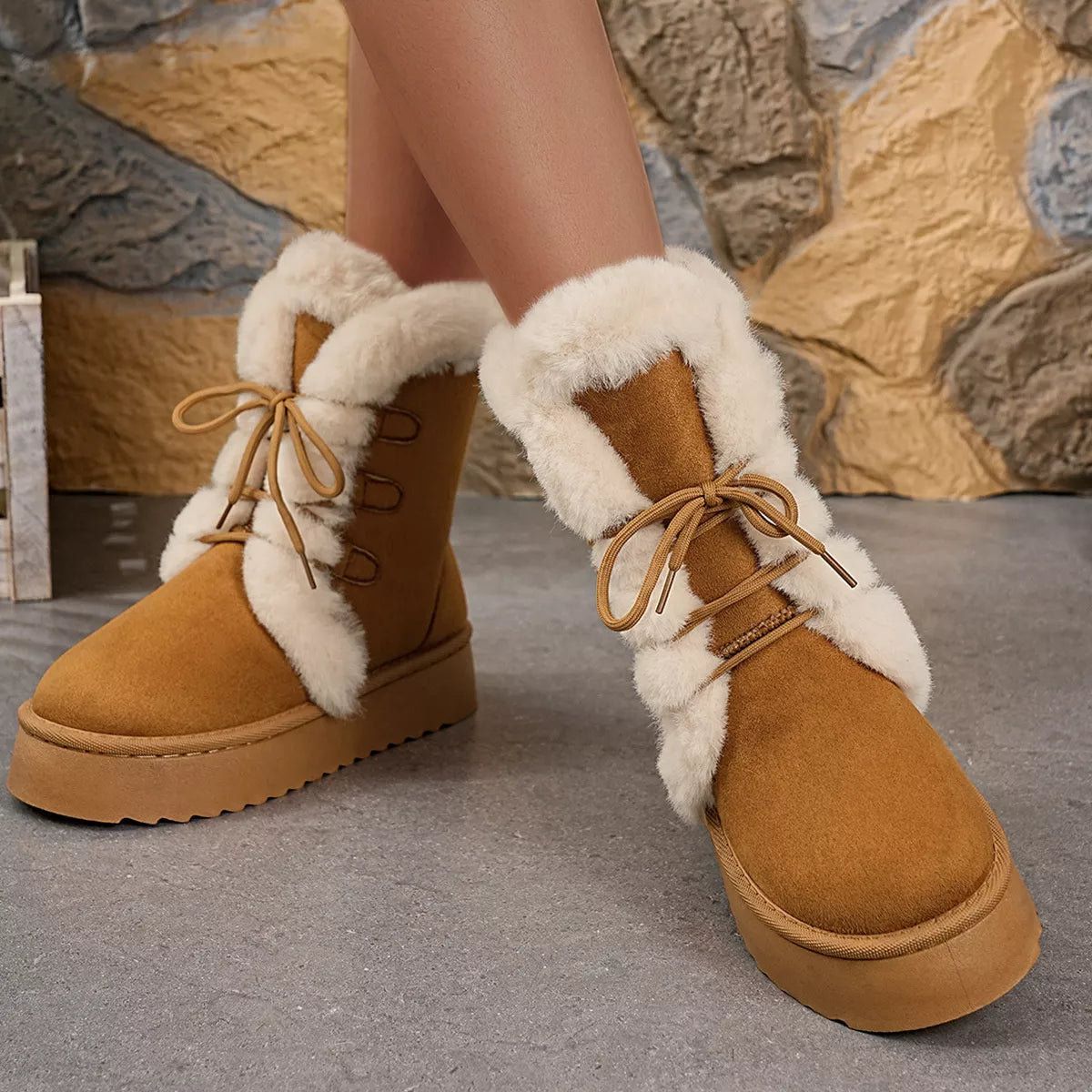 Camel round toe platform boots close up of the toe